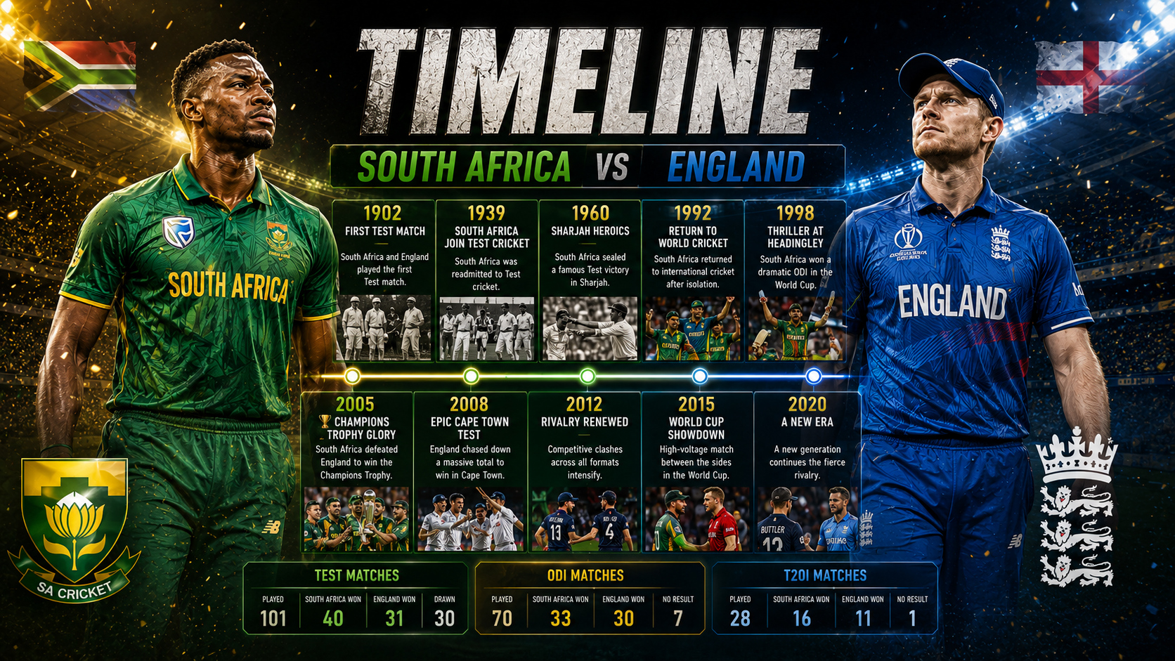 South Africa National Cricket Team vs England Cricket Team Timeline